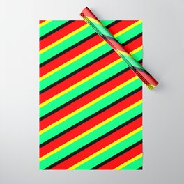 [ Thumbnail: Yellow, Green, Black & Red Colored Pattern of Stripes Wrapping Paper ]