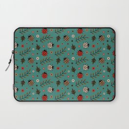 Ladybug and Floral Seamless Pattern on Green Blue Background Laptop Sleeve