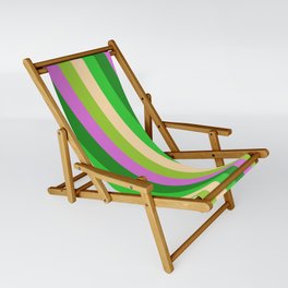 [ Thumbnail: Eye-catching Lime Green, Tan, Green, Orchid, and Forest Green Colored Stripes Pattern Sling Chair ]