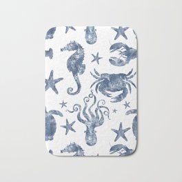 Delft Blue nautical Marine Life pattern, coastal beach Bath Mat | Digital, Coastalart, Lobster, Coastal, Stencil, Nautical, Octopus, Other, Ocean, Painting 