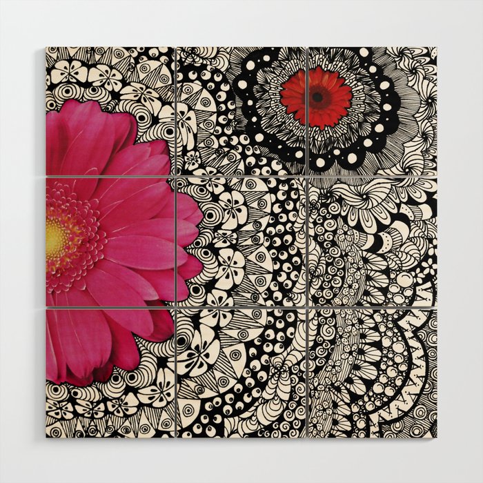 Pink Flower Black White Doodle Art Collage Wood Wall Art By