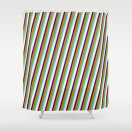 [ Thumbnail: Turquoise, Beige, Indigo, and Dark Goldenrod Colored Stripes Pattern Shower Curtain ]
