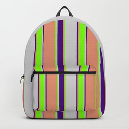 [ Thumbnail: Light Grey, Chartreuse, Dark Salmon, and Indigo Colored Striped/Lined Pattern Backpack ]