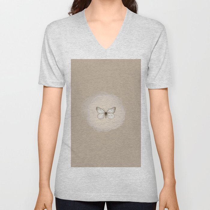 Hand-Drawn Butterfly and Brush Stroke on Nude Beige V Neck T Shirt