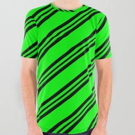 [ Thumbnail: Lime & Black Colored Lines Pattern All Over Graphic Tee ]