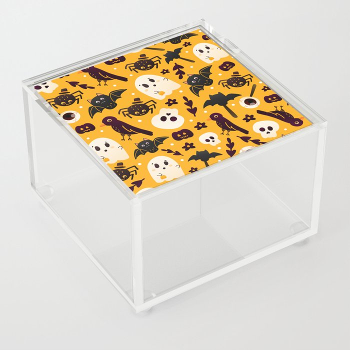 Colourful Orange Halloween Seamless Pattern with Cute Spider, Crow and Ghost Characters Acrylic Box