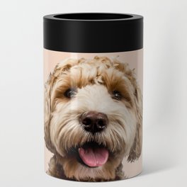 Happy Goldendoodle on Pastel Pink Background Can Cooler