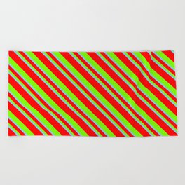 [ Thumbnail: Sky Blue, Red, and Green Colored Stripes Pattern Beach Towel ]