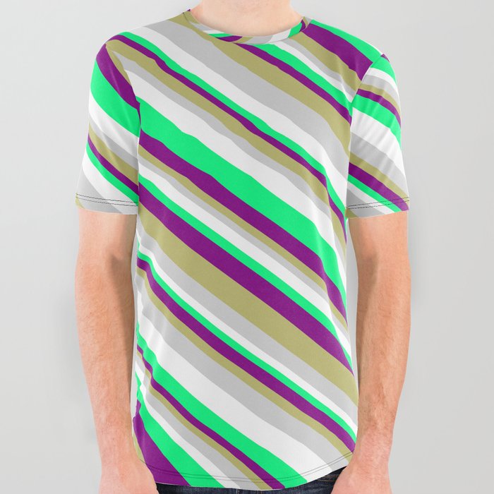 Eye-catching Purple, Dark Khaki, Light Gray, White & Green Colored Lined Pattern All Over Graphic Tee