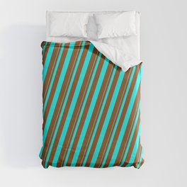 [ Thumbnail: Aqua and Brown Colored Lined/Striped Pattern Duvet Cover ]