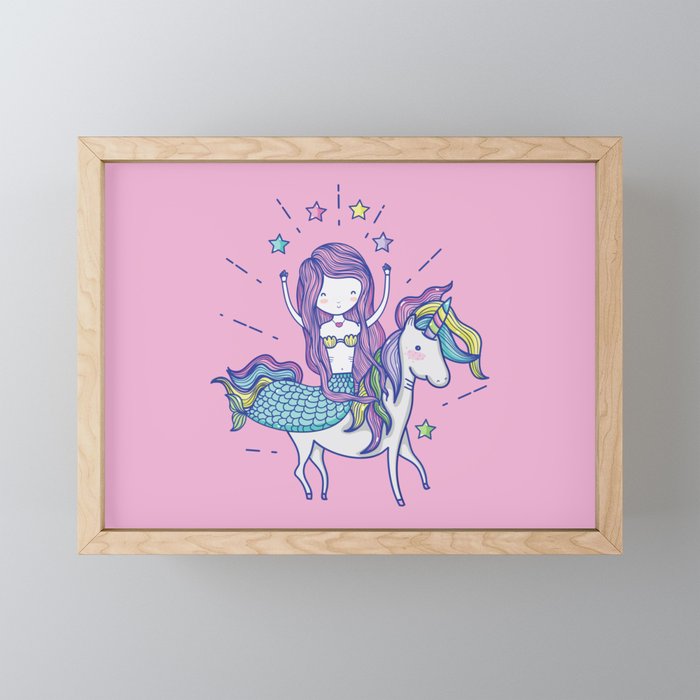 Mermaid Riding Unicorn Pink Framed Mini Art Print