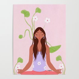 Meditating in Nature Woman Portrait Illustration  Poster
