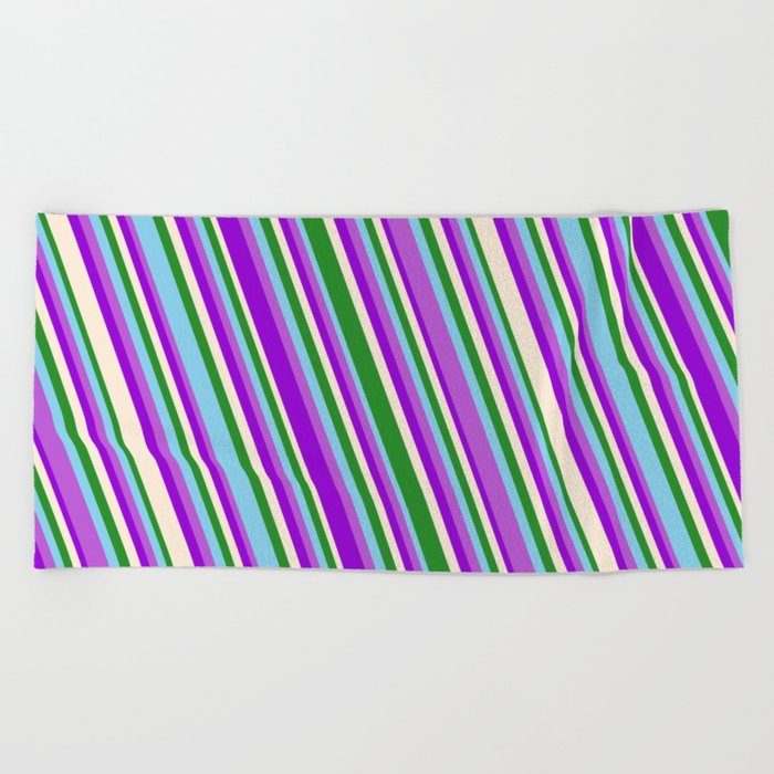Eye-catching Forest Green, Sky Blue, Orchid, Dark Violet, and Beige Colored Striped/Lined Pattern Beach Towel