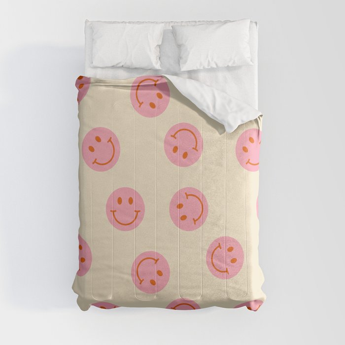 70s Retro Smiley Face Pattern in Beige & Pink Comforter