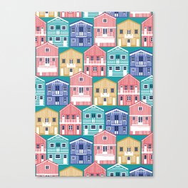 Colourful Portuguese houses // peacock teal background rob roy yellow mandy red electric blue and peacock teal Costa Nova inspired houses Canvas Print