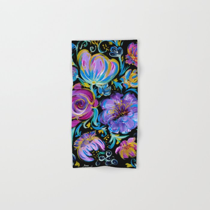 Colorful floral abstraction #3 acrylic painting , flower acrylic painting on a black background, Hand & Bath Towel