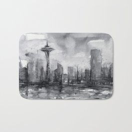 Seattle Skyline Painting Watercolor Black and White Space Needle Bath Mat | City, Illustration, Seattlepainting, Black and White, Nature, Seattlewatercolor, Painting, Spaceneedle, Seattleskyline, Seattle 