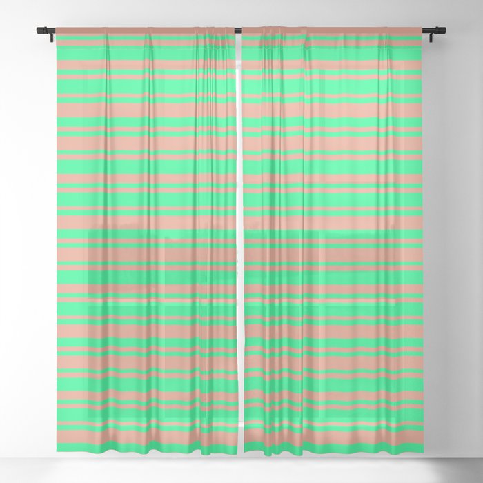 Green and Dark Salmon Colored Lined Pattern Sheer Curtain