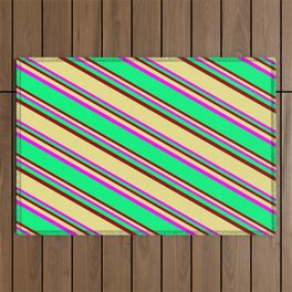 [ Thumbnail: Fuchsia, Green, Dark Red & Tan Colored Lines Pattern Outdoor Rug ]