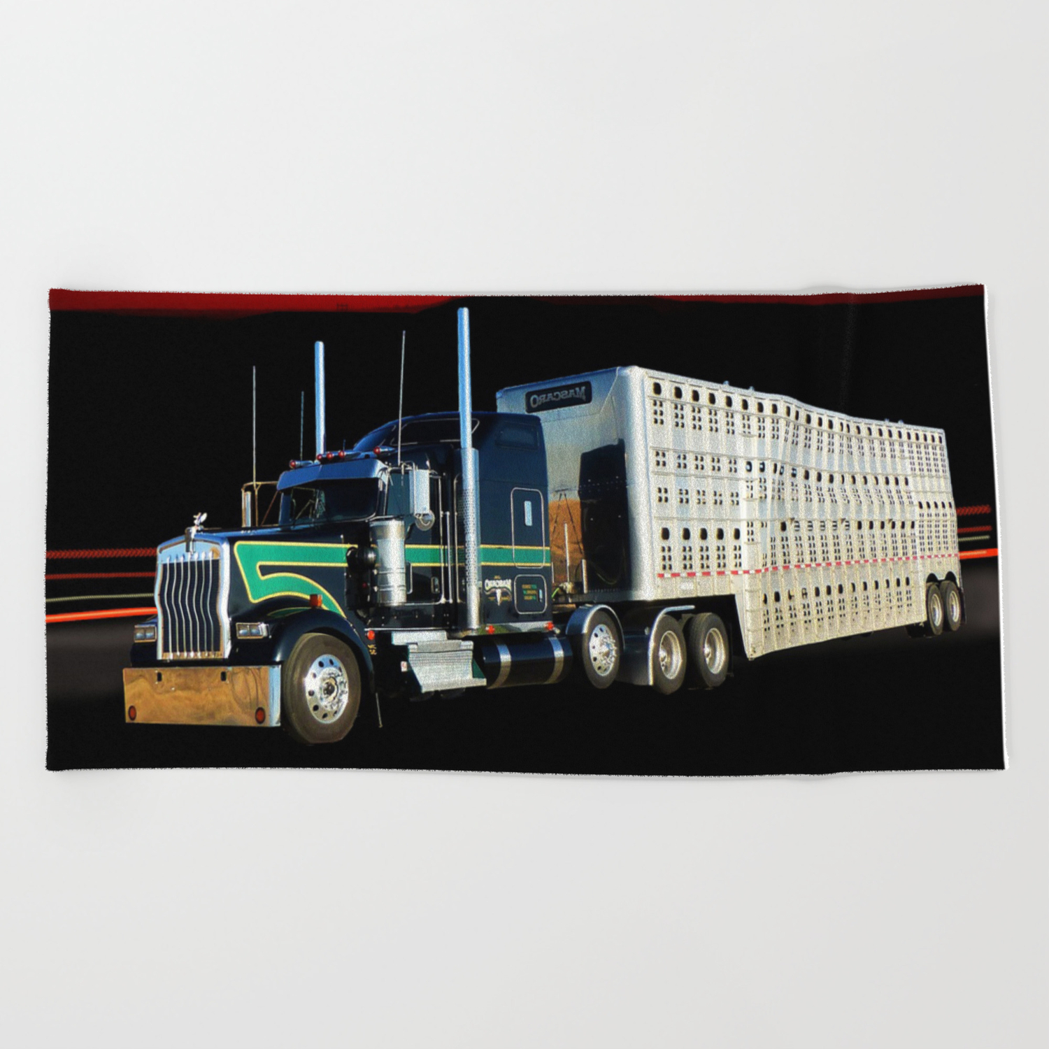 18 Wheeler Semi Truck With Cattle Hauling Trailer And Sunset Beach