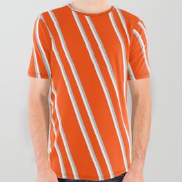 [ Thumbnail: Red, Grey, and White Colored Striped/Lined Pattern All Over Graphic Tee ]