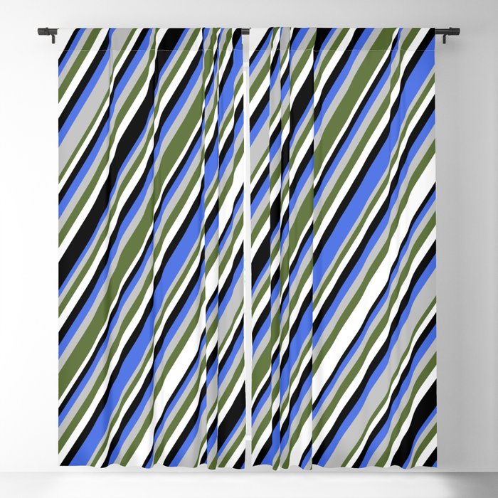 Eye-catching Royal Blue, Grey, Dark Olive Green, White & Black Colored Lines Pattern Blackout Curtain