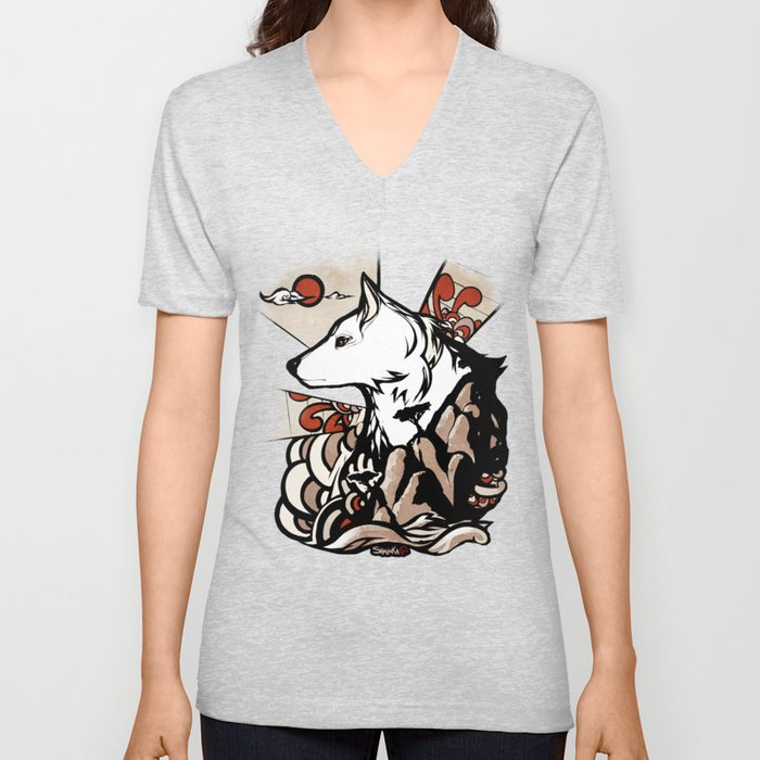 Wolf Ukiyo-e V Neck T Shirt