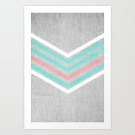 Teal, Pink and White Chevron on Silver Grey Wood Art Print