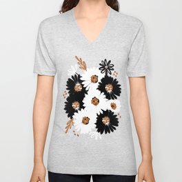 Black White Caramel Floral Pattern V Neck T Shirt