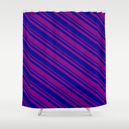 [ Thumbnail: Purple & Dark Blue Colored Pattern of Stripes Shower Curtain ]