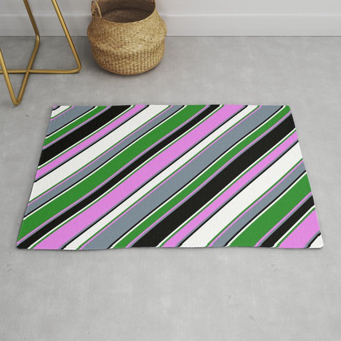 Eye-catching Forest Green, Violet, Light Slate Gray, Black & White Colored Striped/Lined Pattern Rug