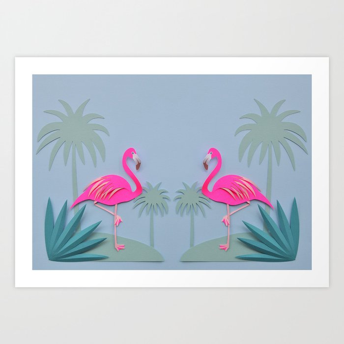 Pink and blue flamingos! Art Print