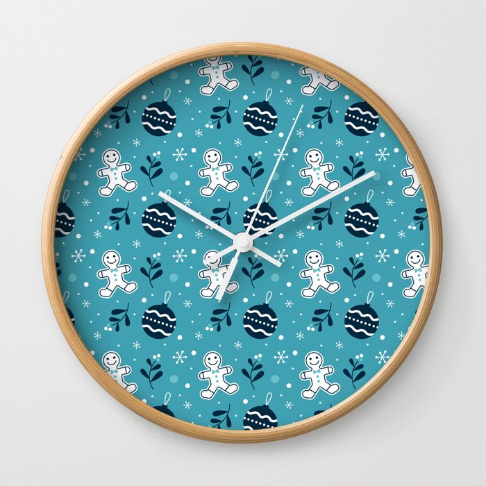 Christmas Pattern Turquoise Gingerbread Bauble Wall Clock