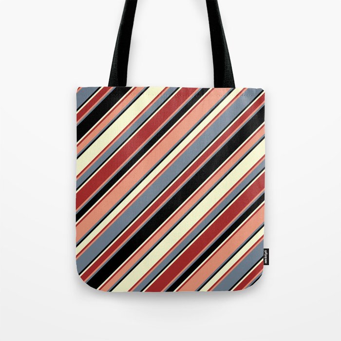 Vibrant Dark Salmon, Slate Gray, Black, Light Yellow, and Brown Colored Lines/Stripes Pattern Tote Bag