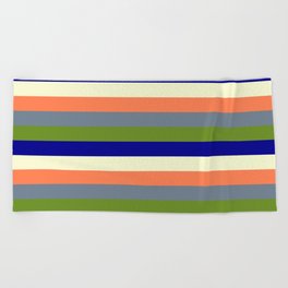 [ Thumbnail: Eye-catching Coral, Slate Gray, Green, Dark Blue & Light Yellow Colored Striped Pattern Beach Towel ]