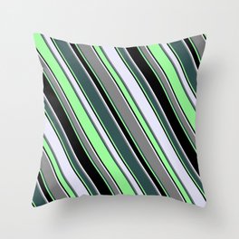 [ Thumbnail: Eye-catching Lavender, Grey, Dark Slate Gray, Green & Black Colored Pattern of Stripes Throw Pillow ]