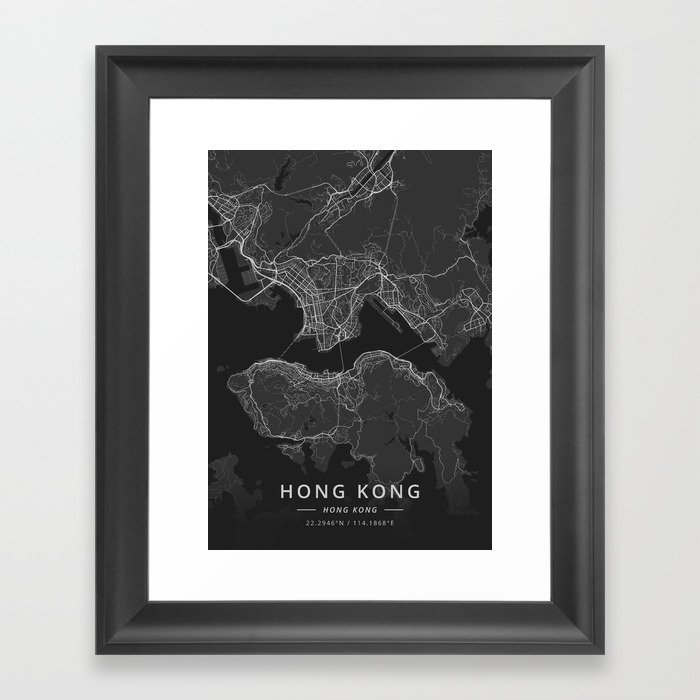 Hong Kong, Hong Kong - Dark Map Framed Art Print