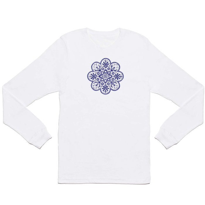 Floral Doily Pattern | Lace Crochet Doilies | Needle Crafts | Blue and White | Long Sleeve T Shirt