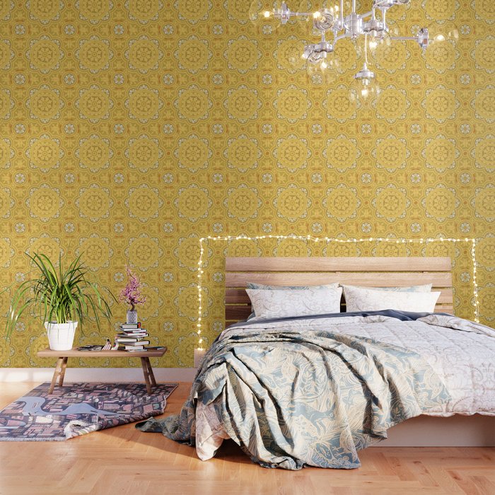 N167 - Geometric Yellow Heritage Traditional Moroccan Tiles Style Pattern Wallpaper