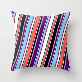 [ Thumbnail: Eyecatching Red, Indigo, Mint Cream, Black, and Light Sky Blue Colored Pattern of Stripes Throw Pillow ]