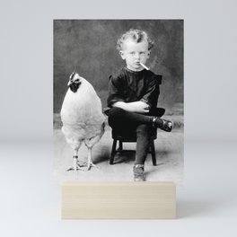 Smoking Boy with Chicken black and white photograph - photography - photographs Mini Art Print