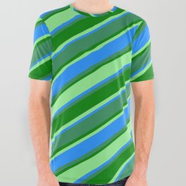 [ Thumbnail: Light Green, Blue, Sea Green, and Green Colored Stripes Pattern All Over Graphic Tee ]