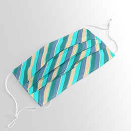[ Thumbnail: Blue, Tan, Aqua, and Teal Colored Striped/Lined Pattern Face Mask ]