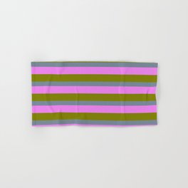 [ Thumbnail: Green, Light Slate Gray, and Violet Colored Lines Pattern Hand & Bath Towel ]