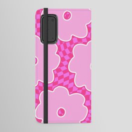 Hot Pink Flowers on Checkered Swirled Squares Android Wallet Case