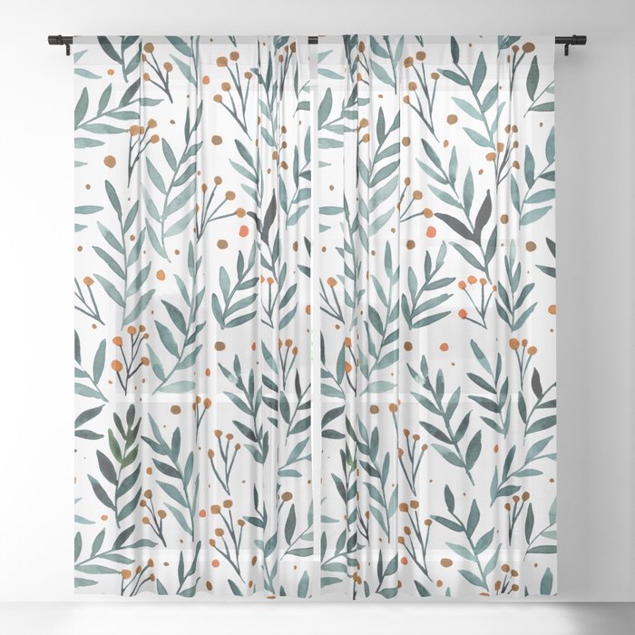 Festive watercolor branches - sage and orange Sheer Curtain