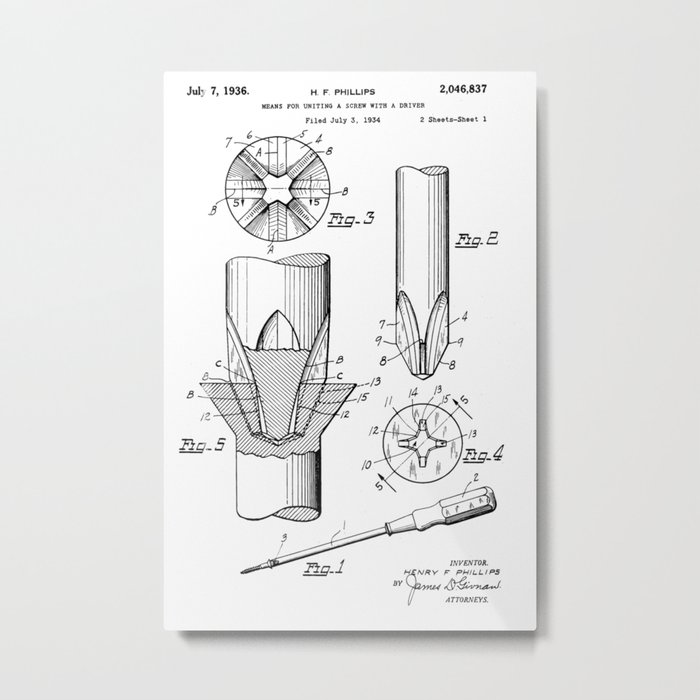 Phillips Screwdriver Henry F. Phillips Screwdriver Patent Metal