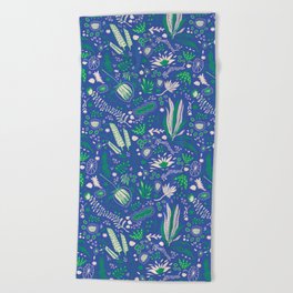 Green and Blue Floral Pattern / Dark Background Beach Towel