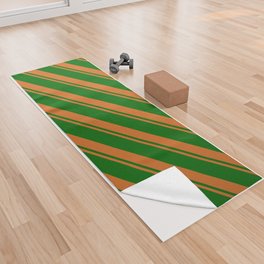 [ Thumbnail: Chocolate & Dark Green Colored Striped Pattern Yoga Towel ]