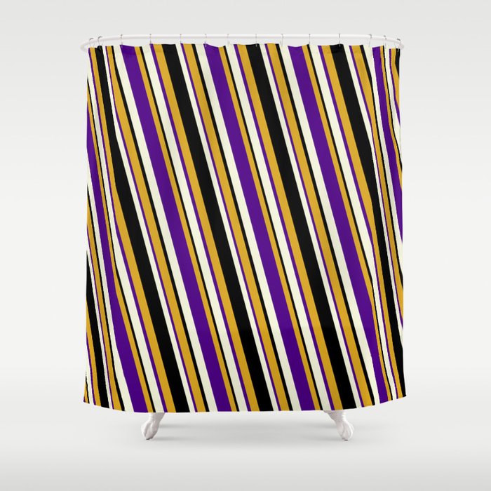 Goldenrod, Indigo, Beige & Black Colored Pattern of Stripes Shower Curtain